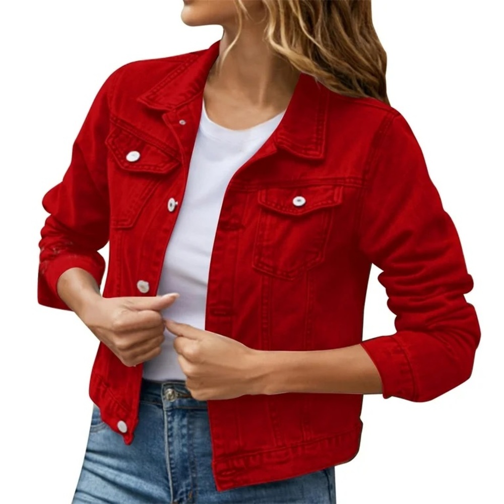 VTG Chaps Womens Red 100% Cotton Cropped Button Front Denim Jacket Size XXL